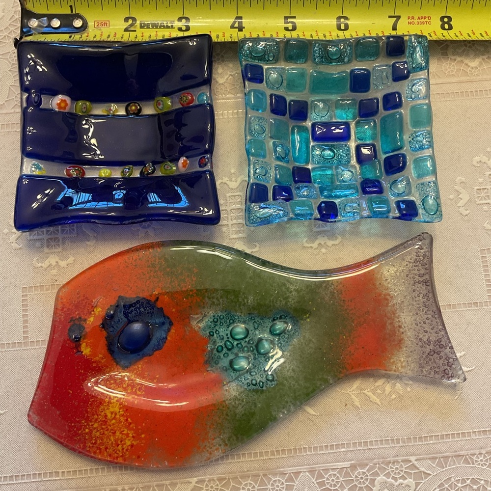2 Trinket dishes & Fish Spoon rest - all hand crafted glass